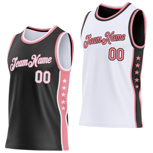 Custom Reversible Black White-Medium Pink Double Side Star Sublimation Basketball Set Jersey - Main View