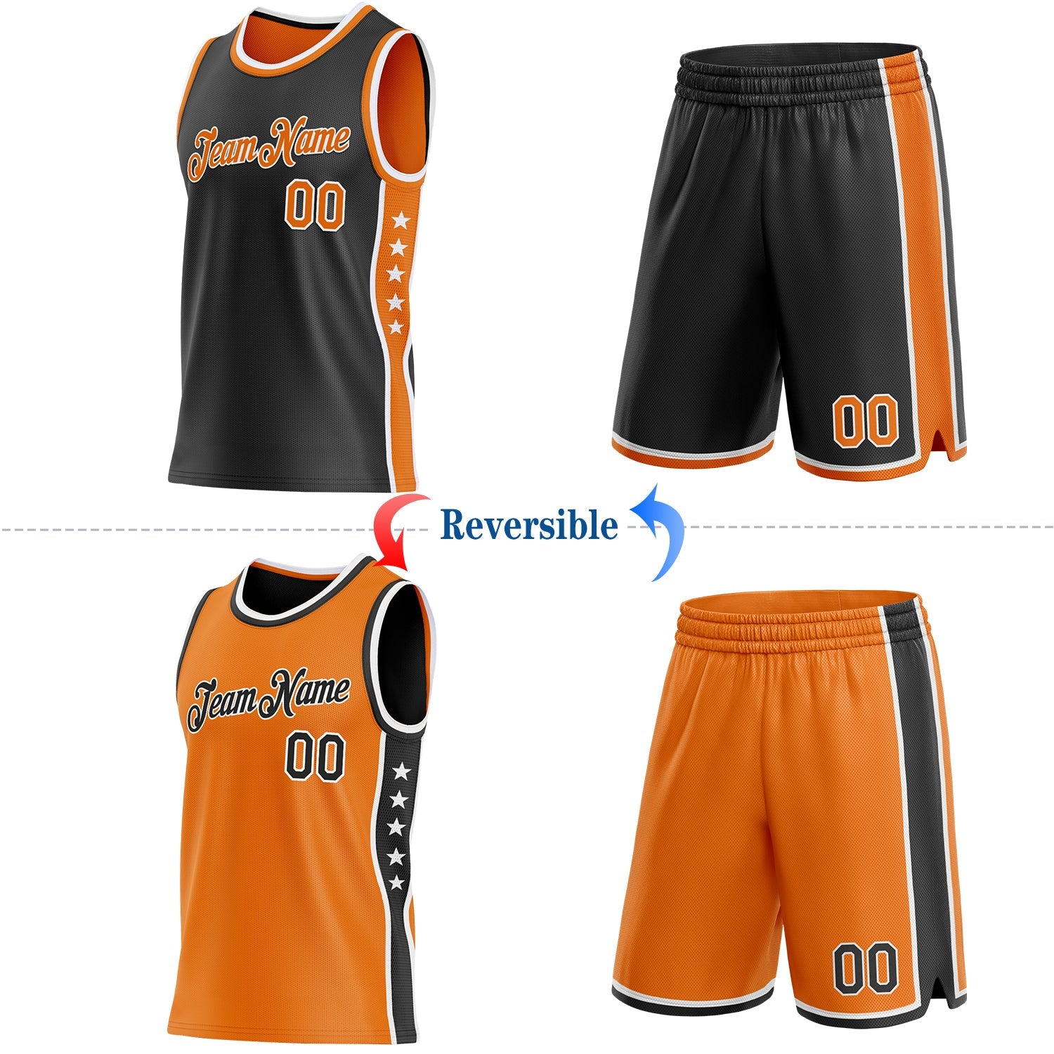 Custom Reversible Black Bay Orange-White Double Side Star Sublimation Basketball Set Jersey view 2