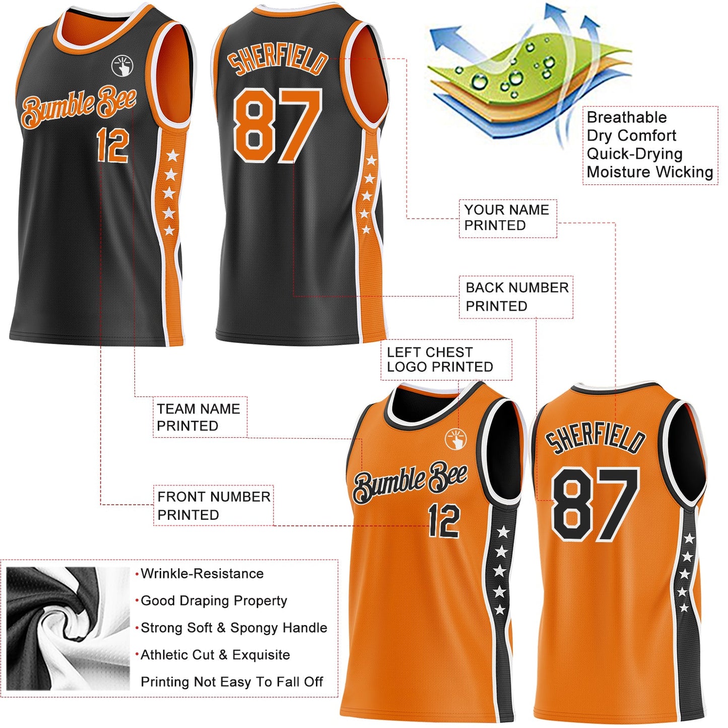 Custom Reversible Black Bay Orange-White Double Side Star Sublimation Basketball Set Jersey view 5