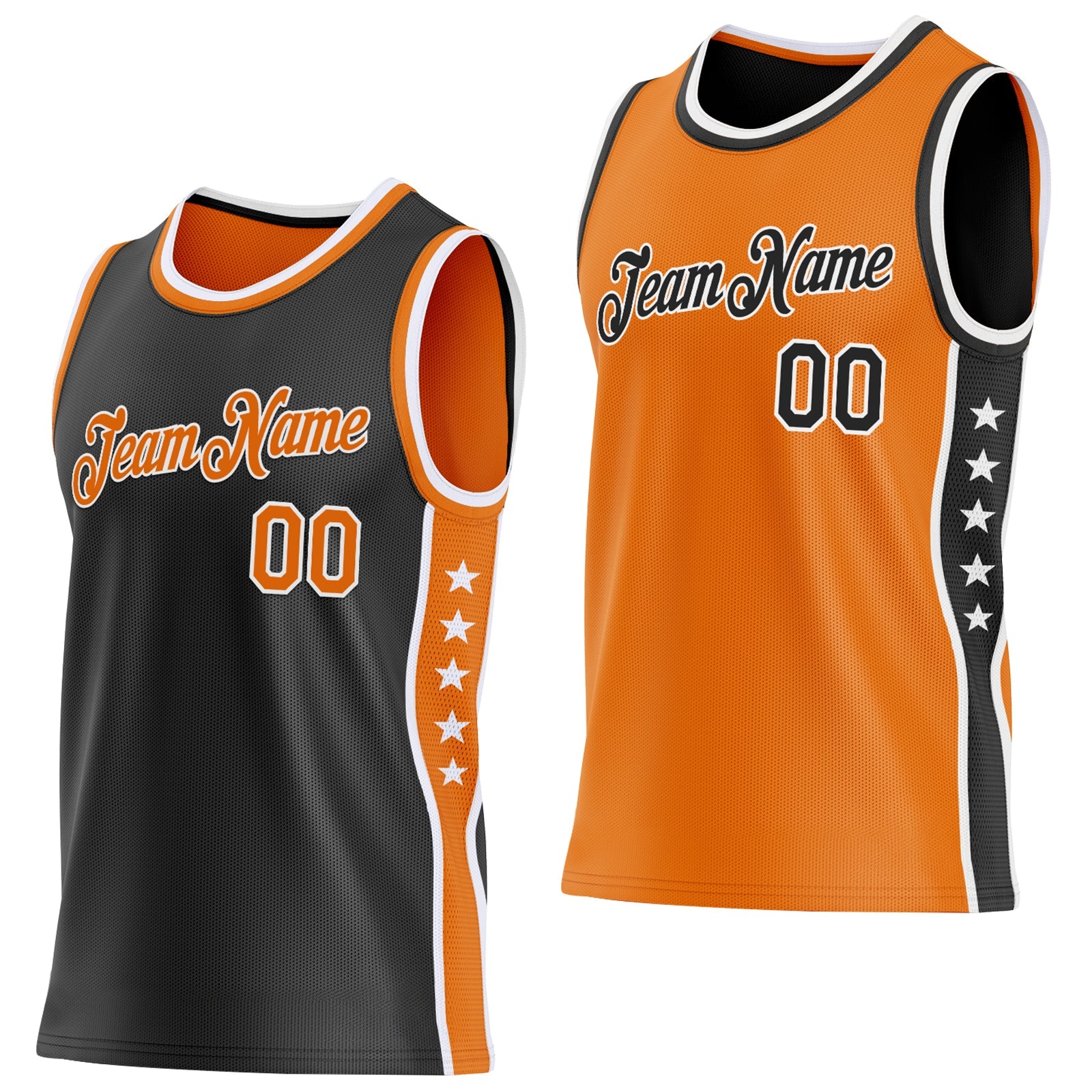 Custom Reversible Black Bay Orange-White Double Side Star Sublimation Basketball Set Jersey - Main View