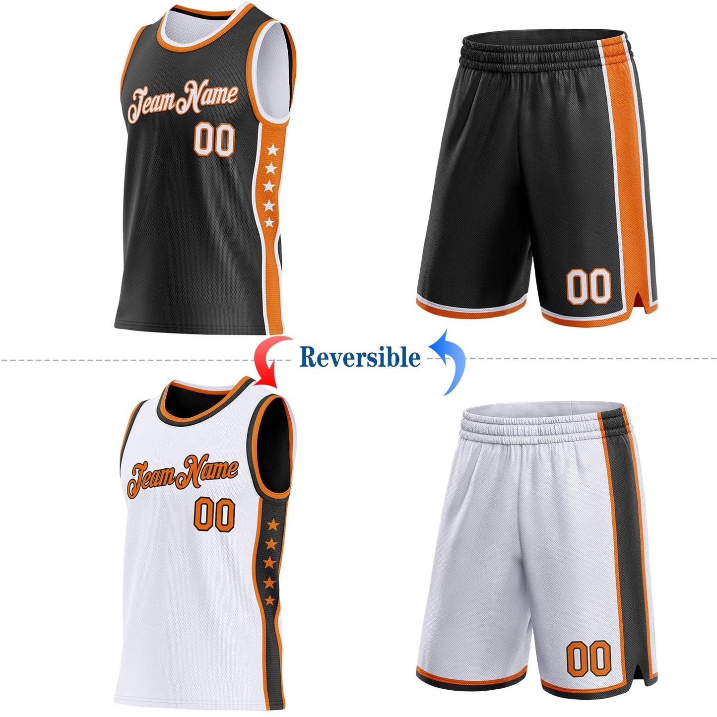 Custom Reversible Black White-Bay Orange Double Side Star Sublimation Basketball Set Jersey view 2