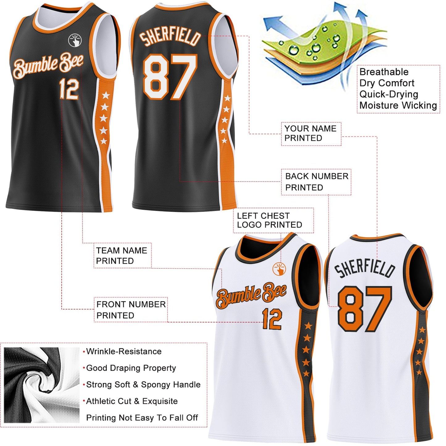 Custom Reversible Black White-Bay Orange Double Side Star Sublimation Basketball Set Jersey view 5