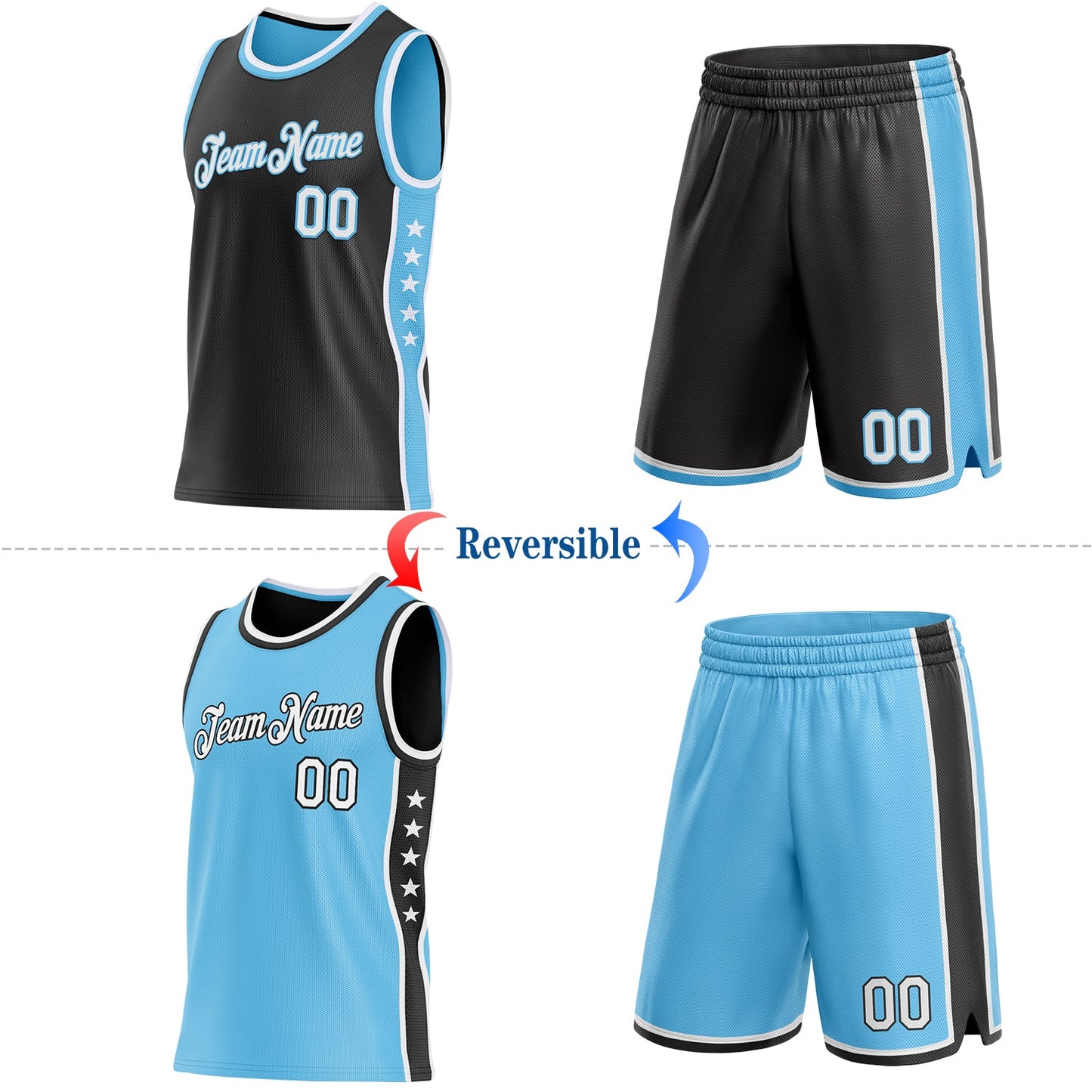 Custom Reversible Black White-Sky Blue Double Side Star Sublimation Basketball Set Jersey view 2