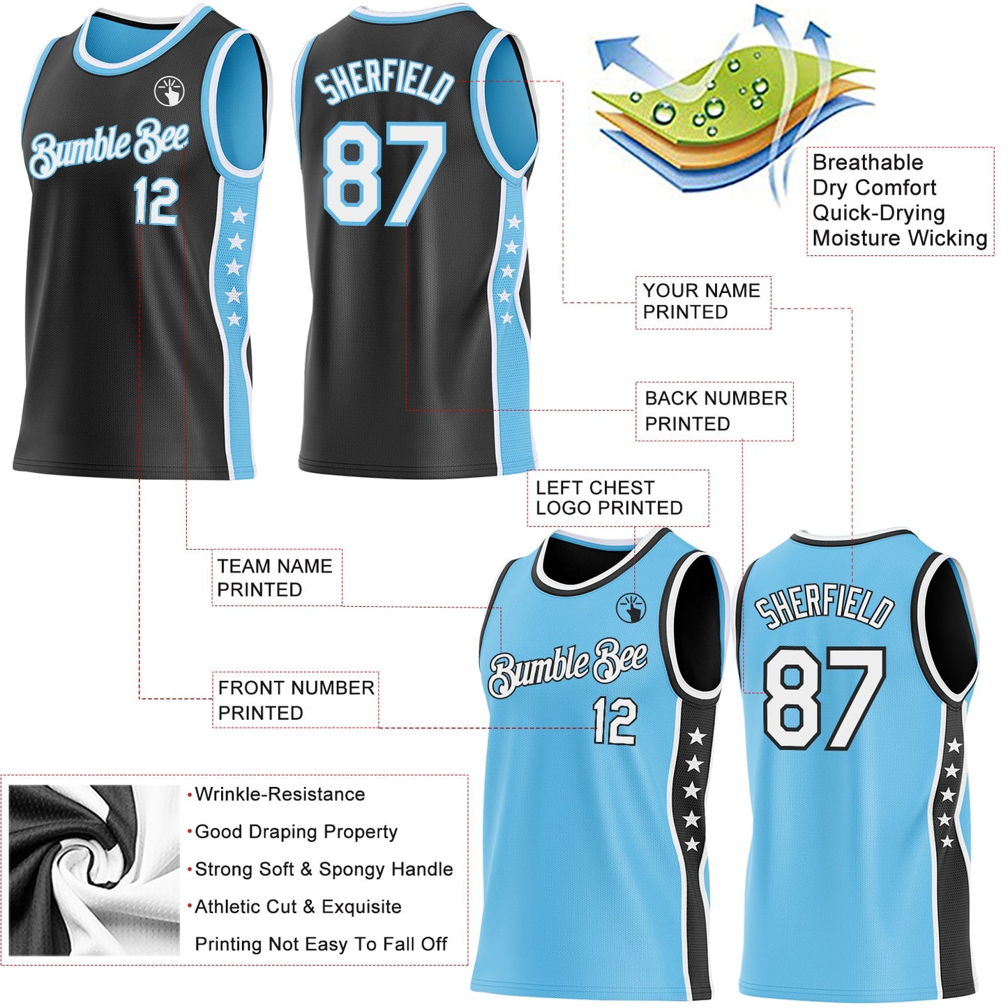 Custom Reversible Black White-Sky Blue Double Side Star Sublimation Basketball Set Jersey view 5