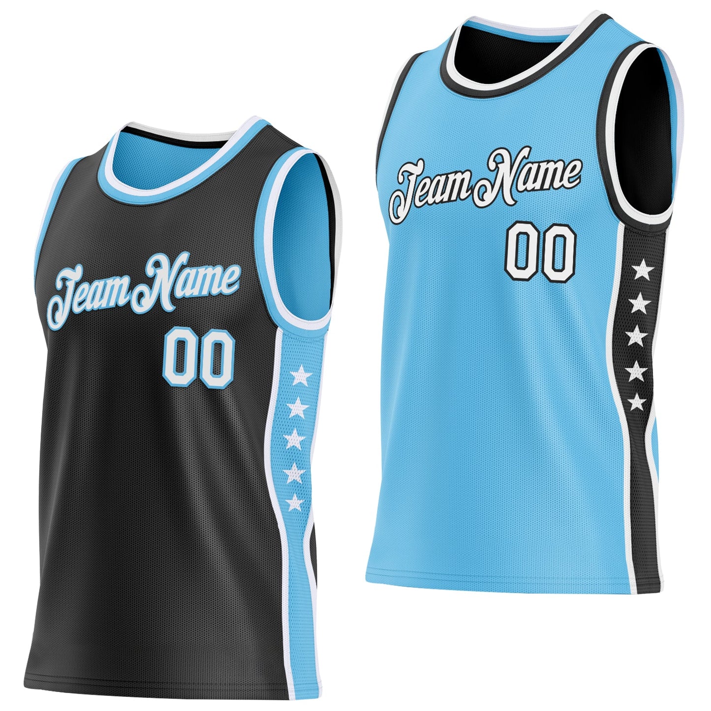 Custom Reversible Black White-Sky Blue Double Side Star Sublimation Basketball Set Jersey - Main View