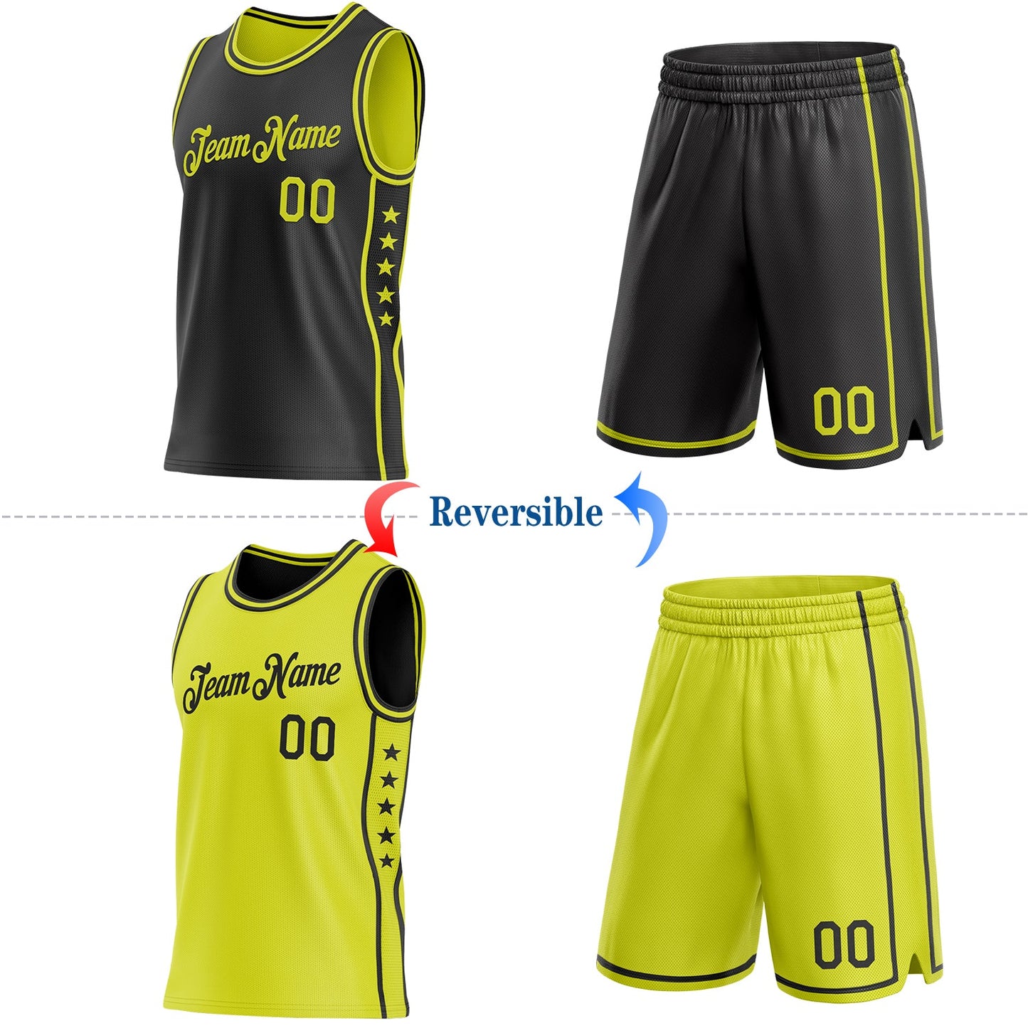 Custom Reversible Black Neon Yellow Double Side Star Sublimation Basketball Set Jersey view 2