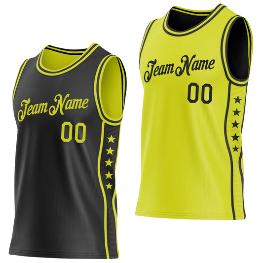 Custom Reversible Black Neon Yellow Double Side Star Sublimation Basketball Set Jersey - Main View