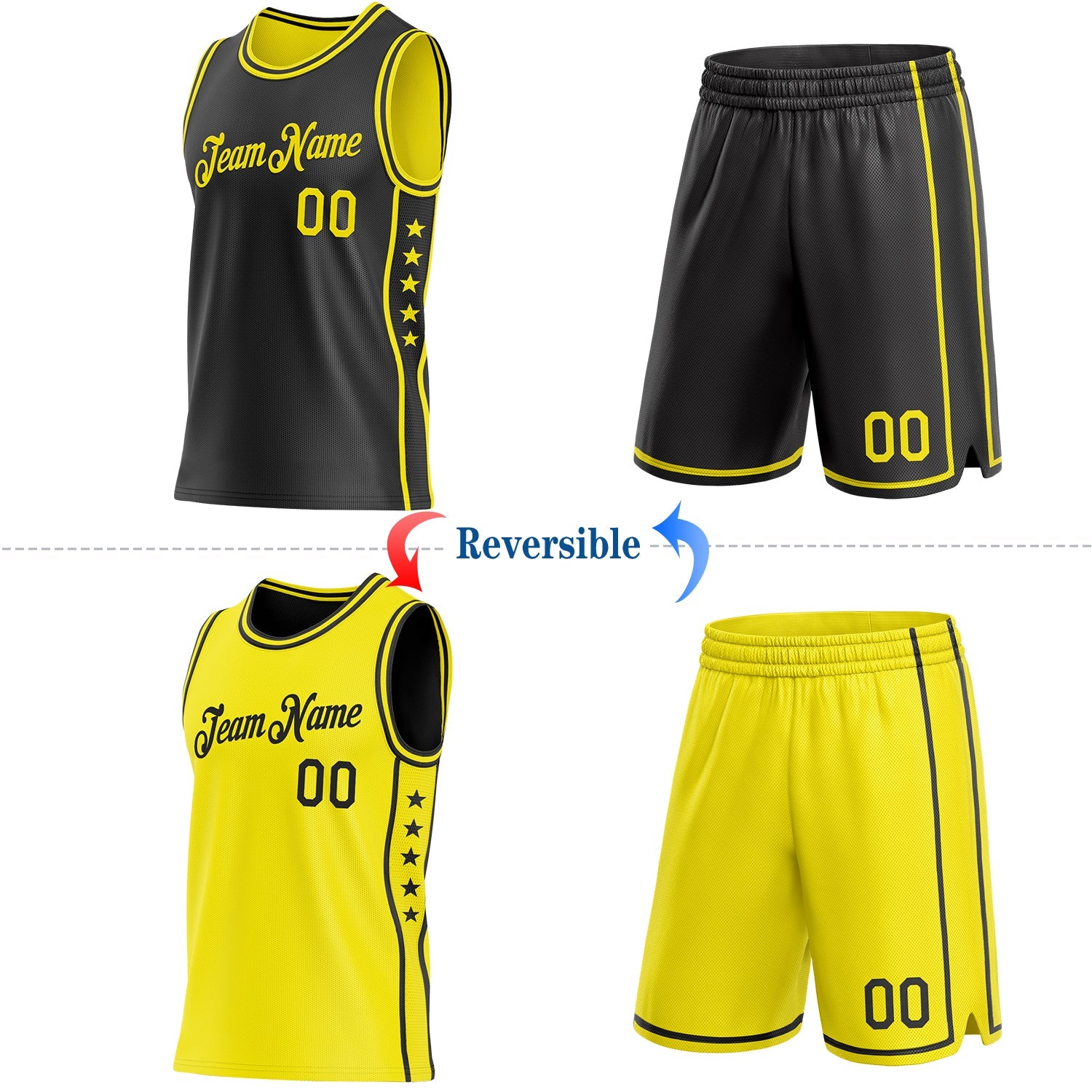 Custom Reversible Black Light Yellow Double Side Star Sublimation Basketball Set Jersey view 2