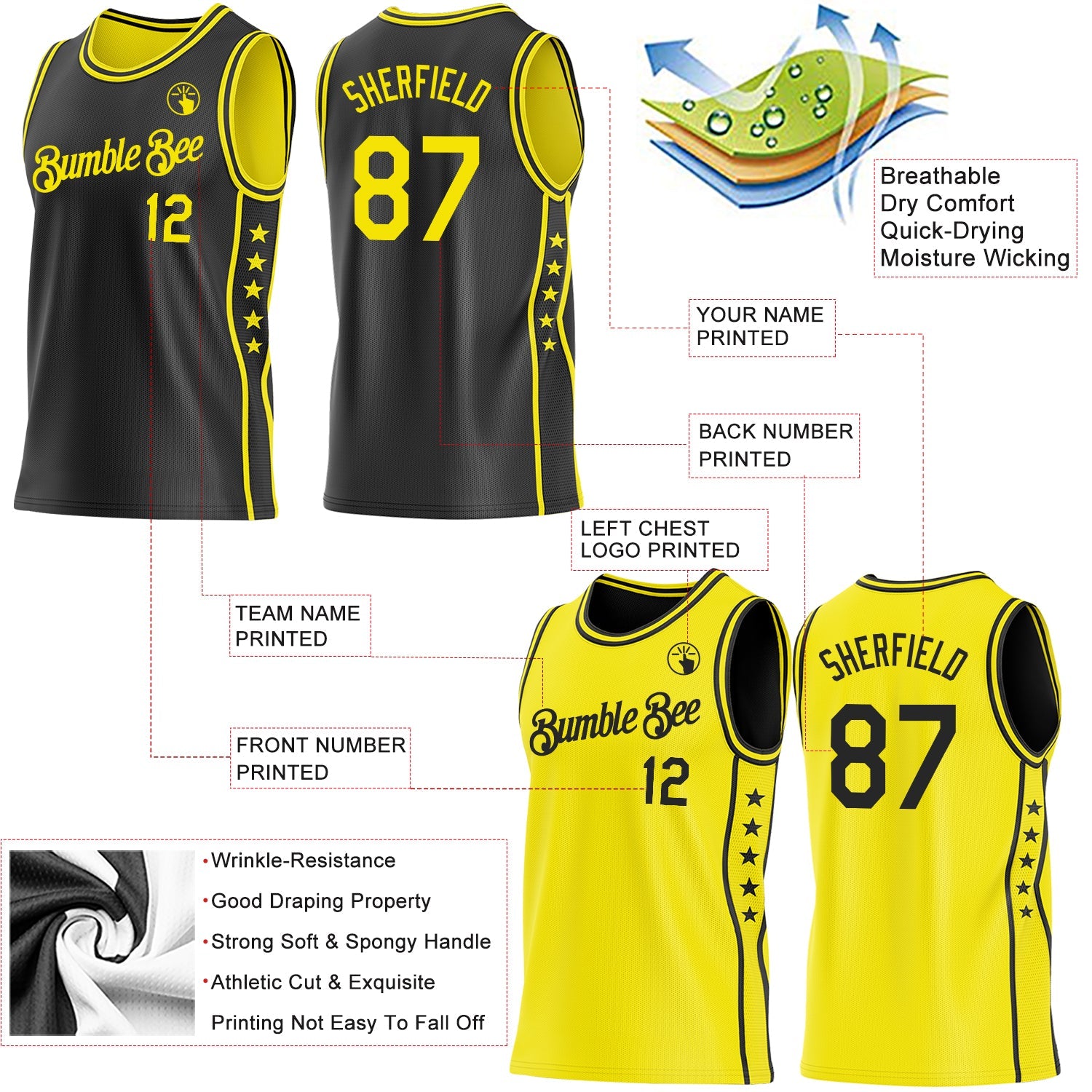 Custom Reversible Black Light Yellow Double Side Star Sublimation Basketball Set Jersey view 5