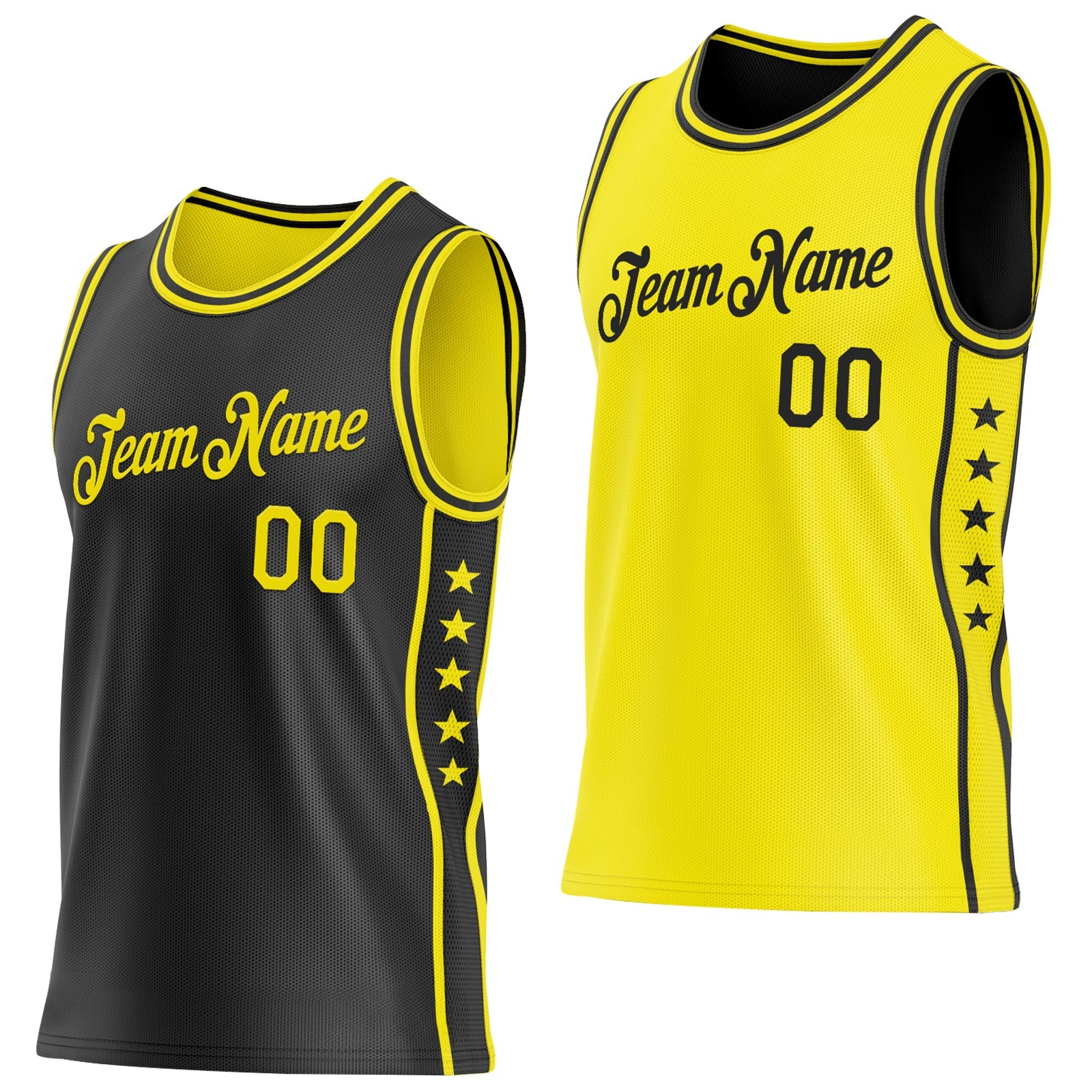 Custom Reversible Black Light Yellow Double Side Star Sublimation Basketball Set Jersey - Main View