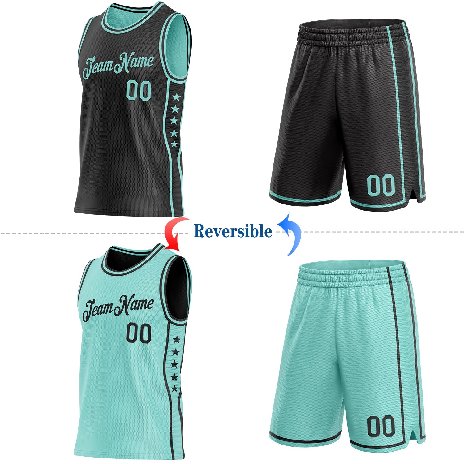 Custom Reversible Black Ice Blue Double Side Star Sublimation Basketball Set Jersey view 2