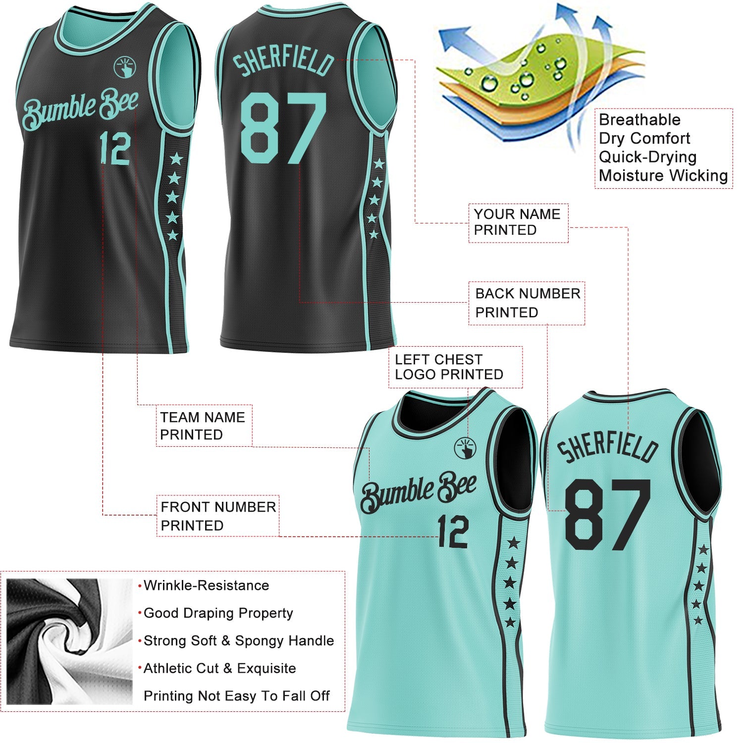Custom Reversible Black Ice Blue Double Side Star Sublimation Basketball Set Jersey view 5