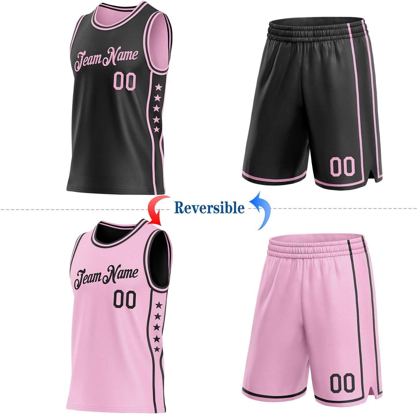 Custom Reversible Black Light Pink Double Side Star Sublimation Basketball Set Jersey view 2