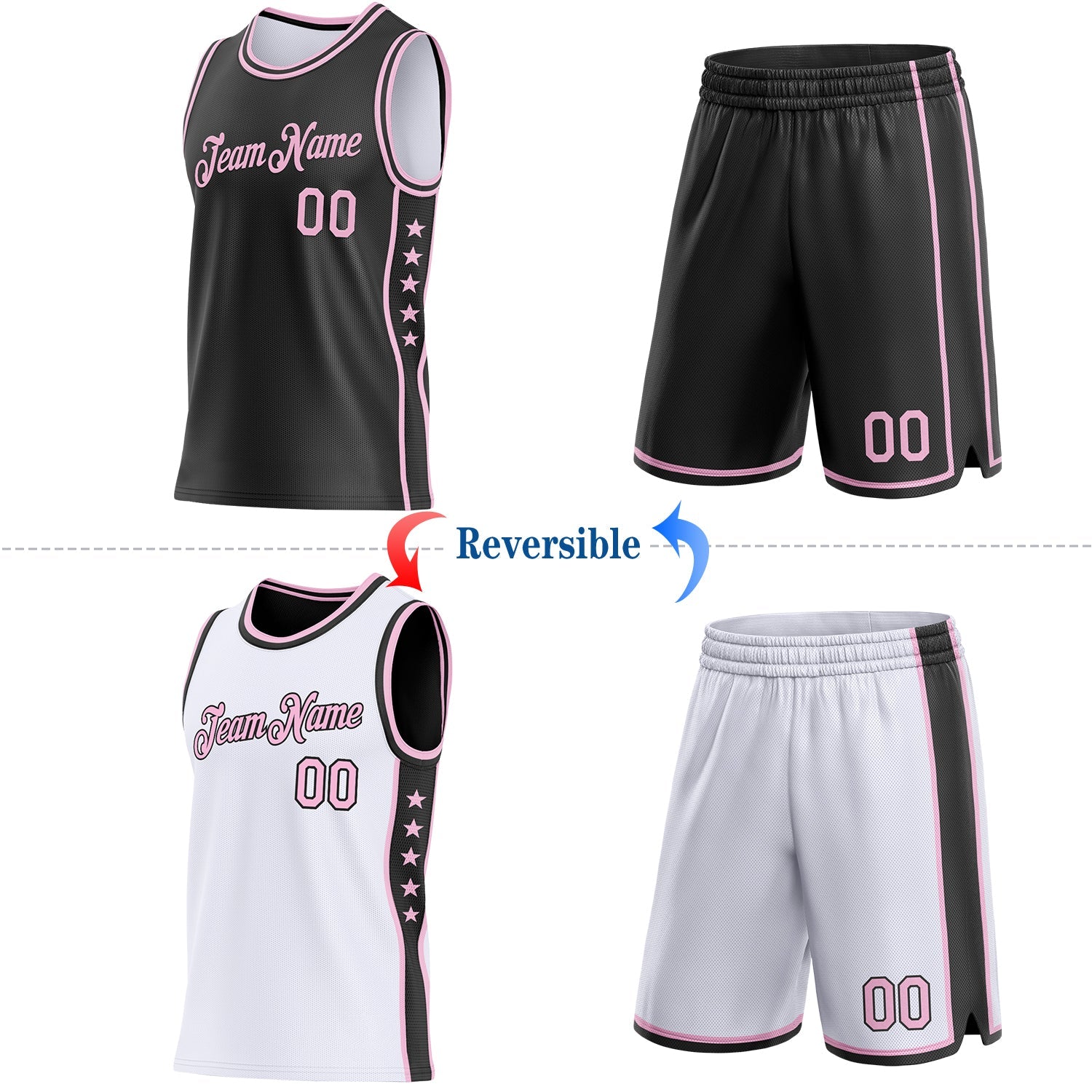 Custom Reversible Black Light Pink Double Side Star Sublimation Basketball Set Jersey view 2