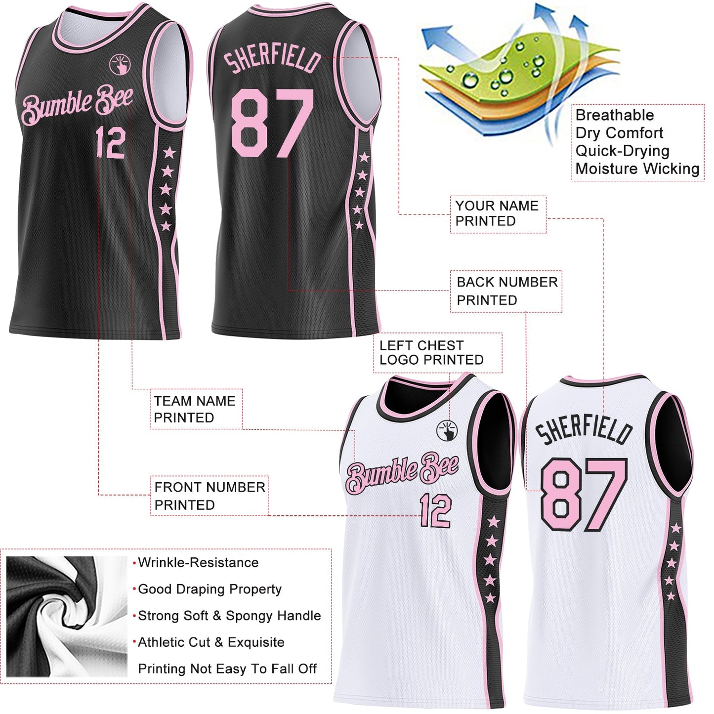 Custom Reversible Black Light Pink Double Side Star Sublimation Basketball Set Jersey view 5