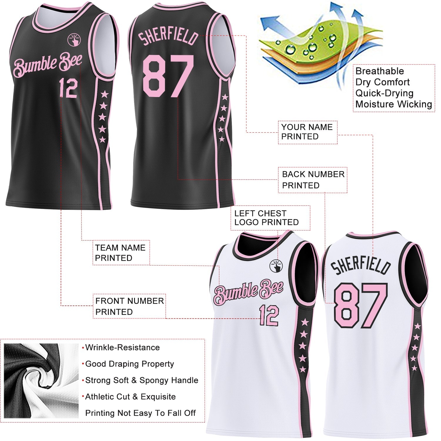 Custom Reversible Black Light Pink Double Side Star Sublimation Basketball Set Jersey view 5