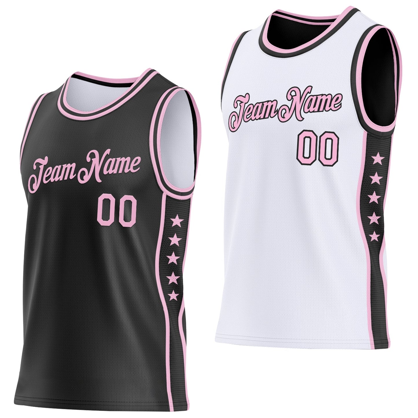 Custom Reversible Black Light Pink Double Side Star Sublimation Basketball Set Jersey - Main View