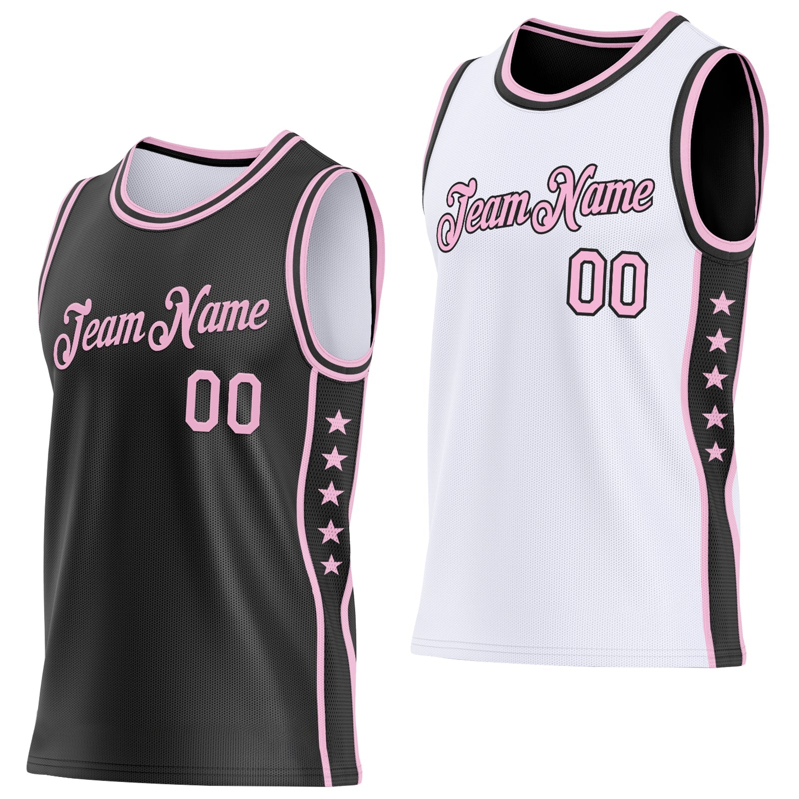 Custom Reversible Black Light Pink Double Side Star Sublimation Basketball Set Jersey - Main View