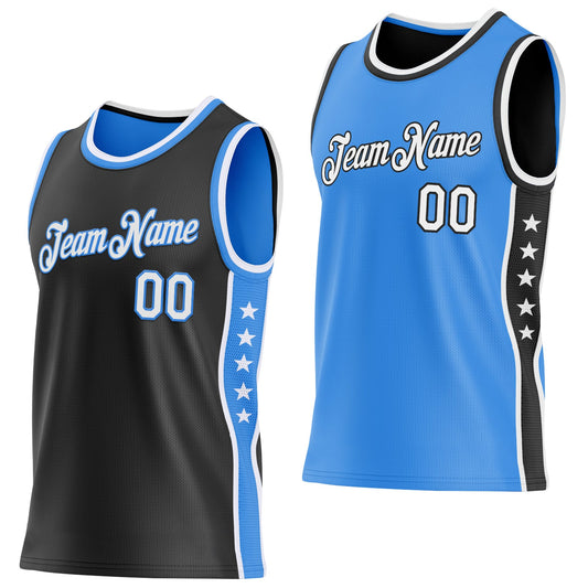 Custom Reversible Black White-Powder Blue Double Side Star Sublimation Basketball Set Jersey - Main View