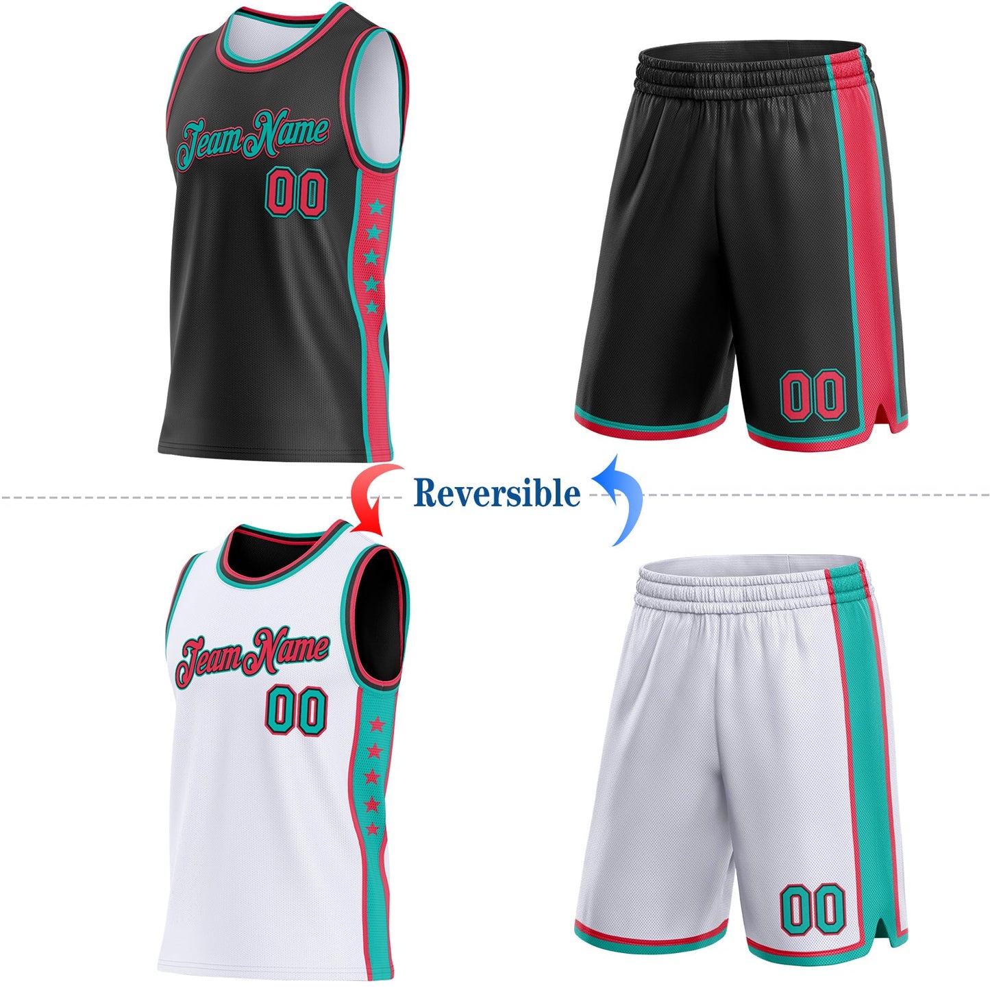 Custom Reversible Black Neon Pink-Aqua Double Side Star Sublimation Basketball Set Jersey view 2