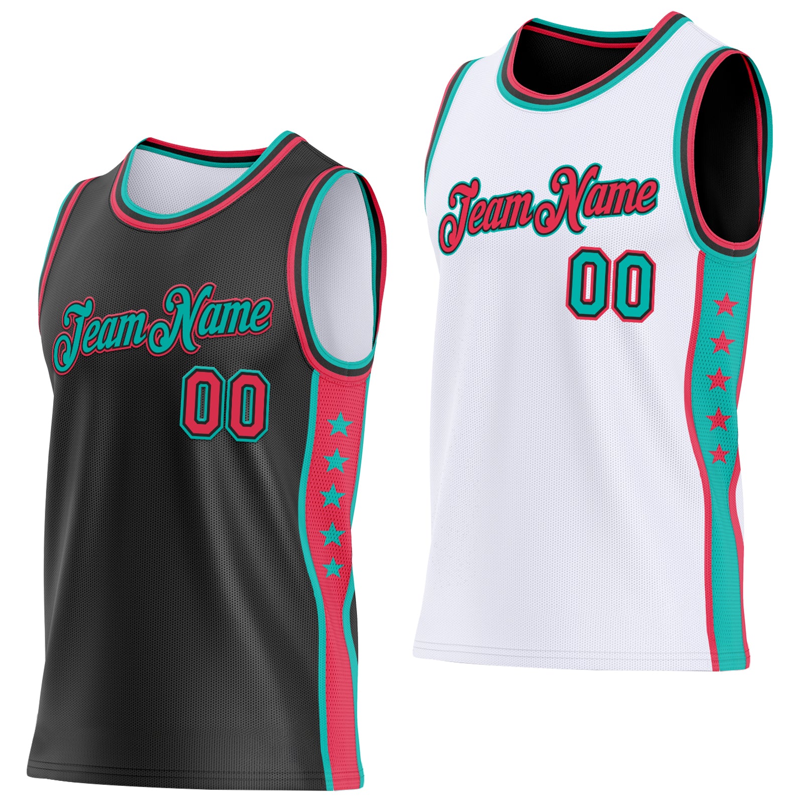 Custom Reversible Black Neon Pink-Aqua Double Side Star Sublimation Basketball Set Jersey - Main View