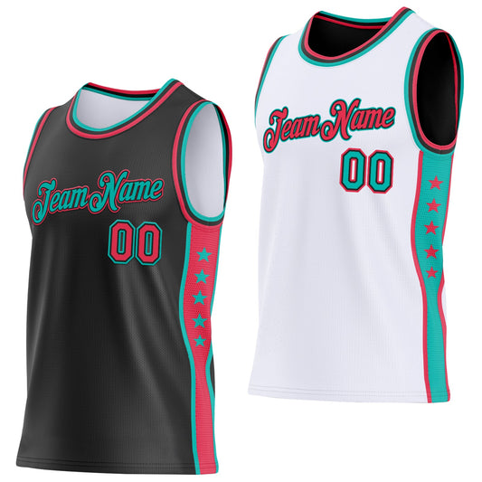Custom Reversible Black Neon Pink-Aqua Double Side Star Sublimation Basketball Set Jersey - Main View