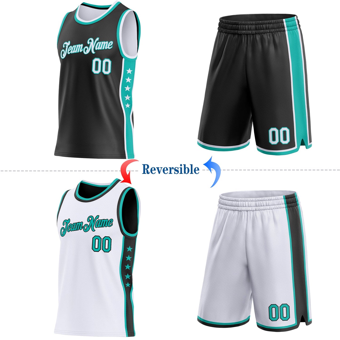 Custom Reversible Black White-Aqua Double Side Star Sublimation Basketball Set Jersey view 2