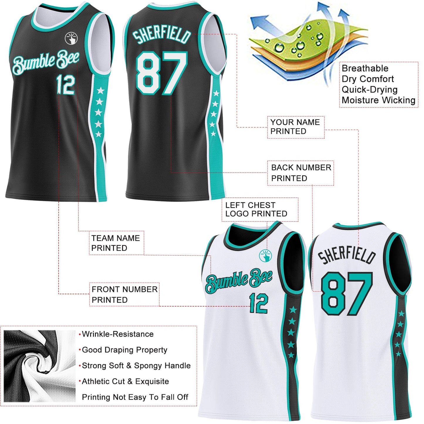 Custom Reversible Black White-Aqua Double Side Star Sublimation Basketball Set Jersey view 5