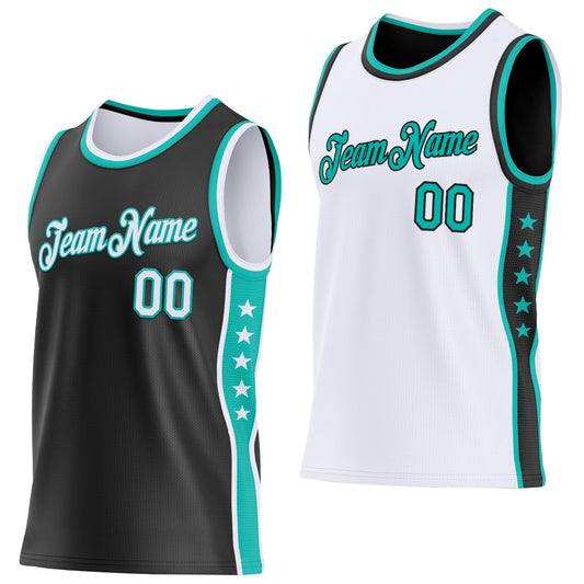 Custom Reversible Black White-Aqua Double Side Star Sublimation Basketball Set Jersey - Main View