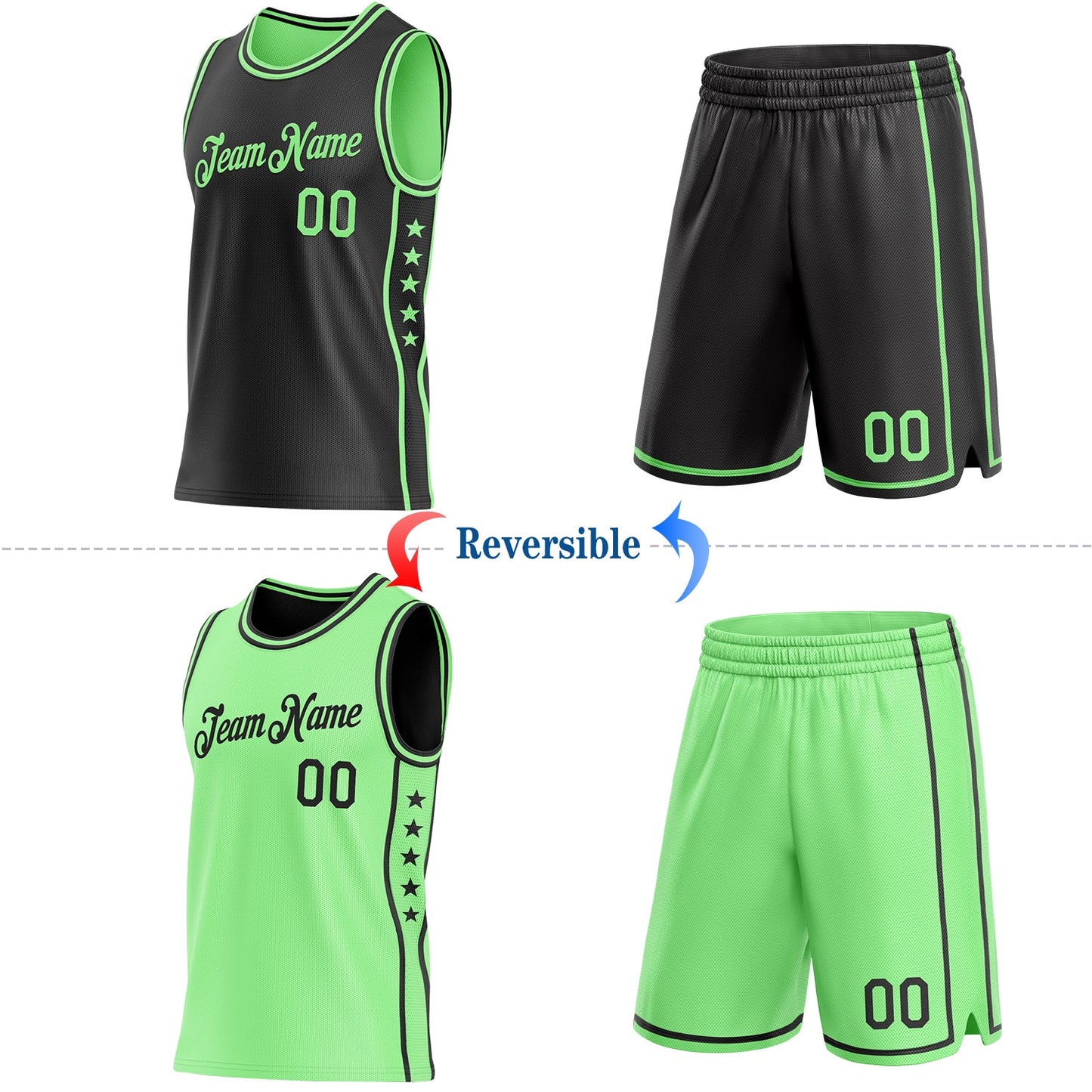 Custom Reversible Black Pea Green Double Side Star Sublimation Basketball Set Jersey view 2