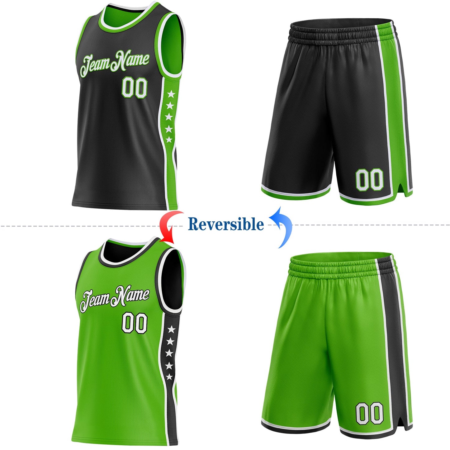 Custom Reversible Black White-Aurora Green Double Side Star Sublimation Basketball Set Jersey view 2