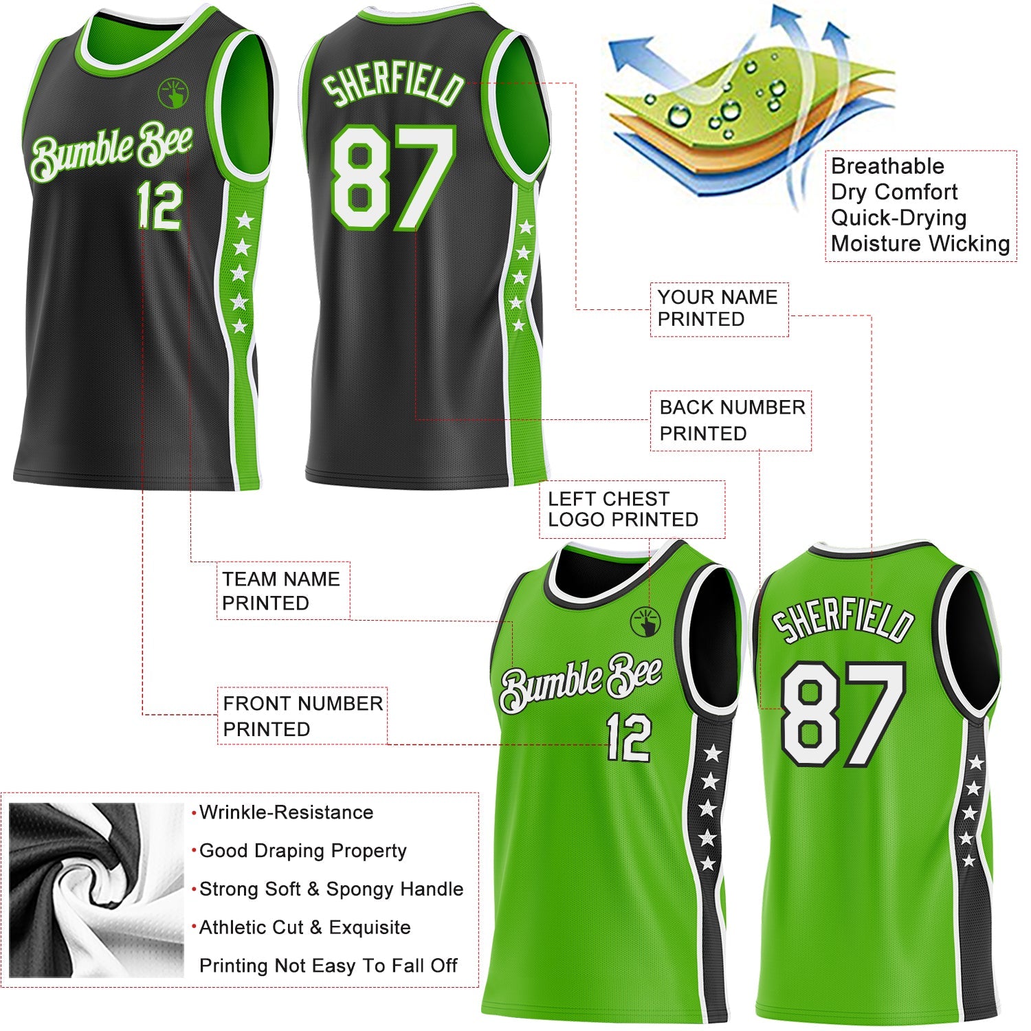 Custom Reversible Black White-Aurora Green Double Side Star Sublimation Basketball Set Jersey view 5