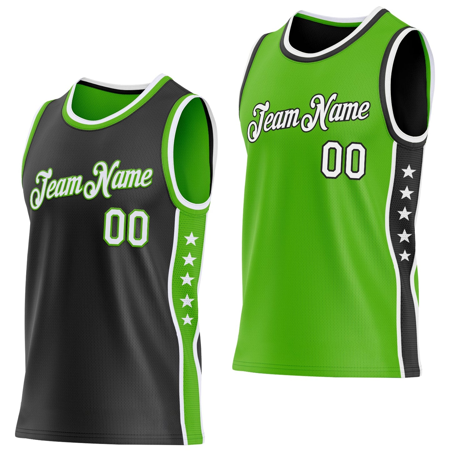 Custom Reversible Black White-Aurora Green Double Side Star Sublimation Basketball Set Jersey - Main View