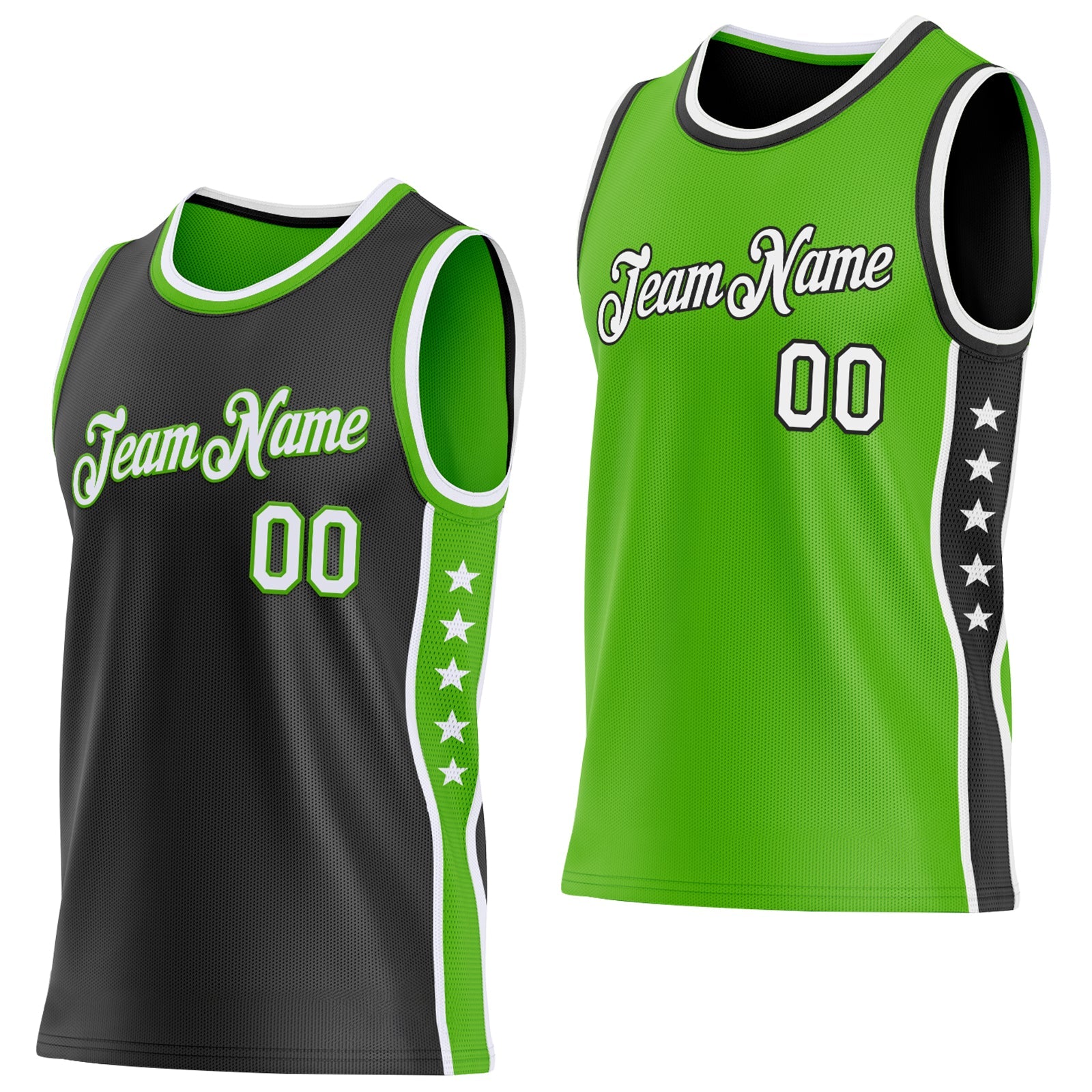 Custom Reversible Black White-Aurora Green Double Side Star Sublimation Basketball Set Jersey - Main View