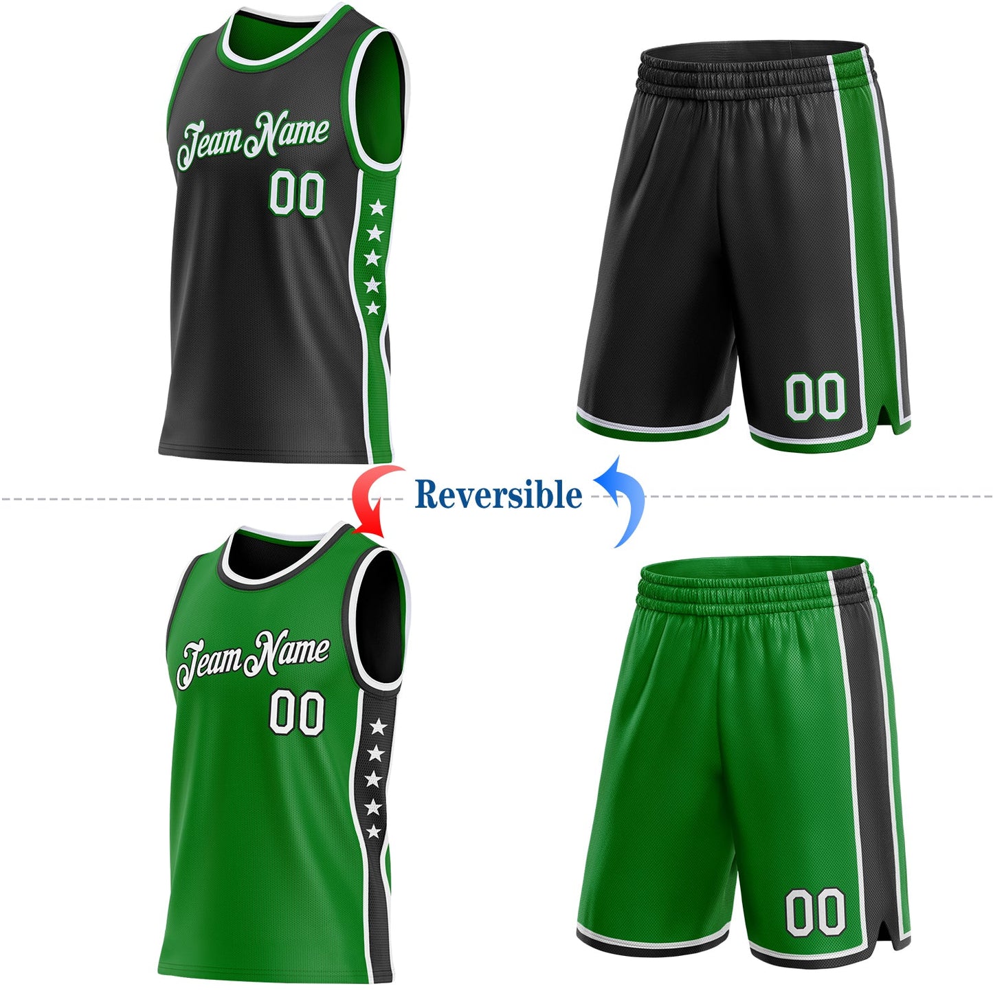 Custom Reversible Black White-Grass Green Double Side Star Sublimation Basketball Set Jersey view 2