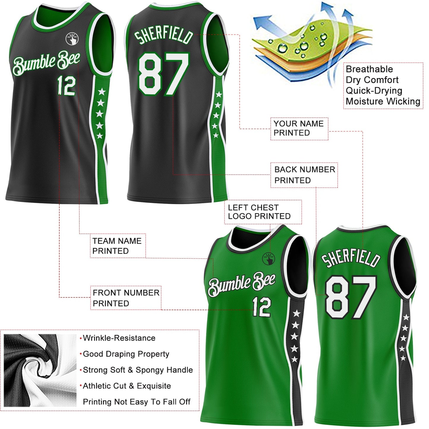 Custom Reversible Black White-Grass Green Double Side Star Sublimation Basketball Set Jersey view 5