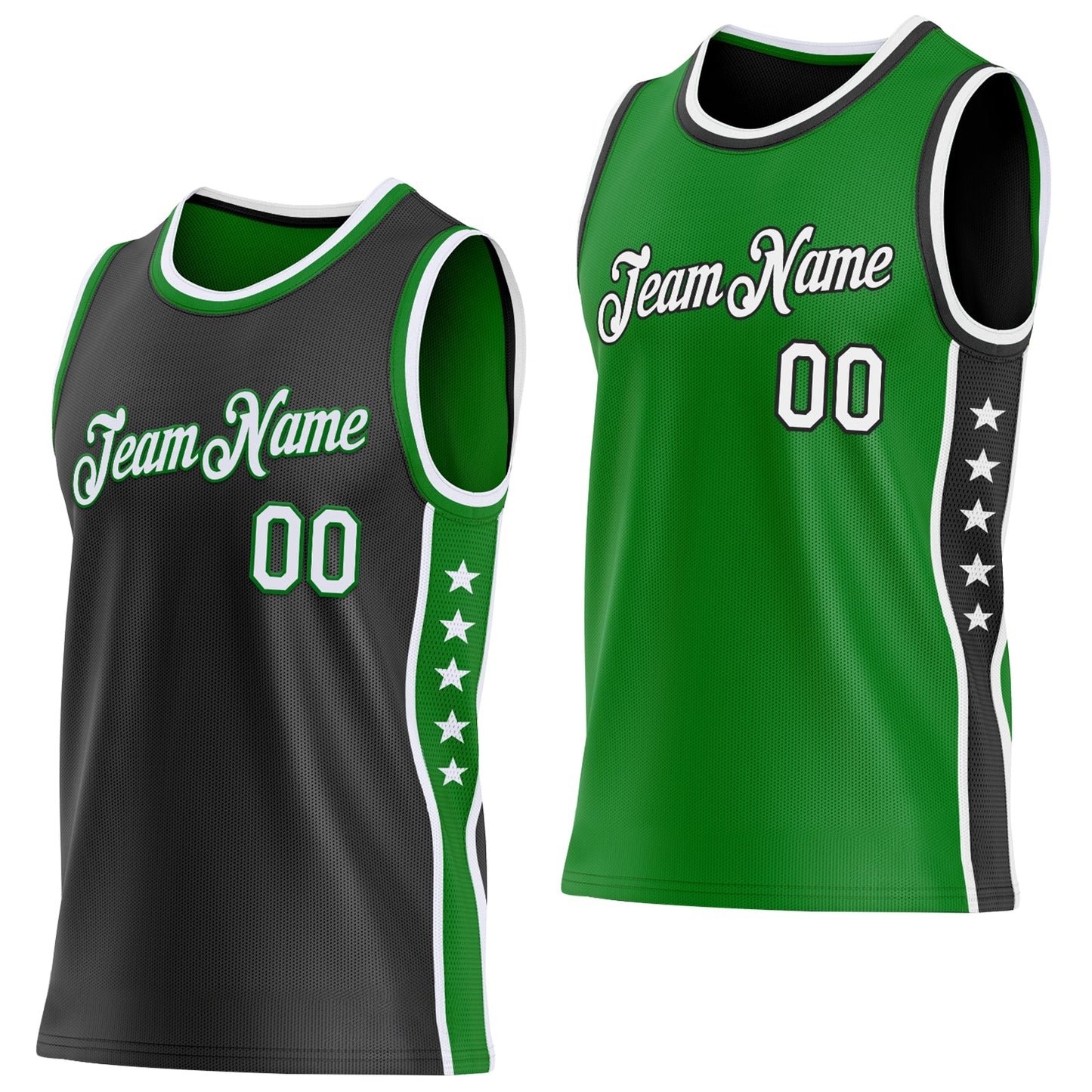 Custom Reversible Black White-Grass Green Double Side Star Sublimation Basketball Set Jersey - Main View