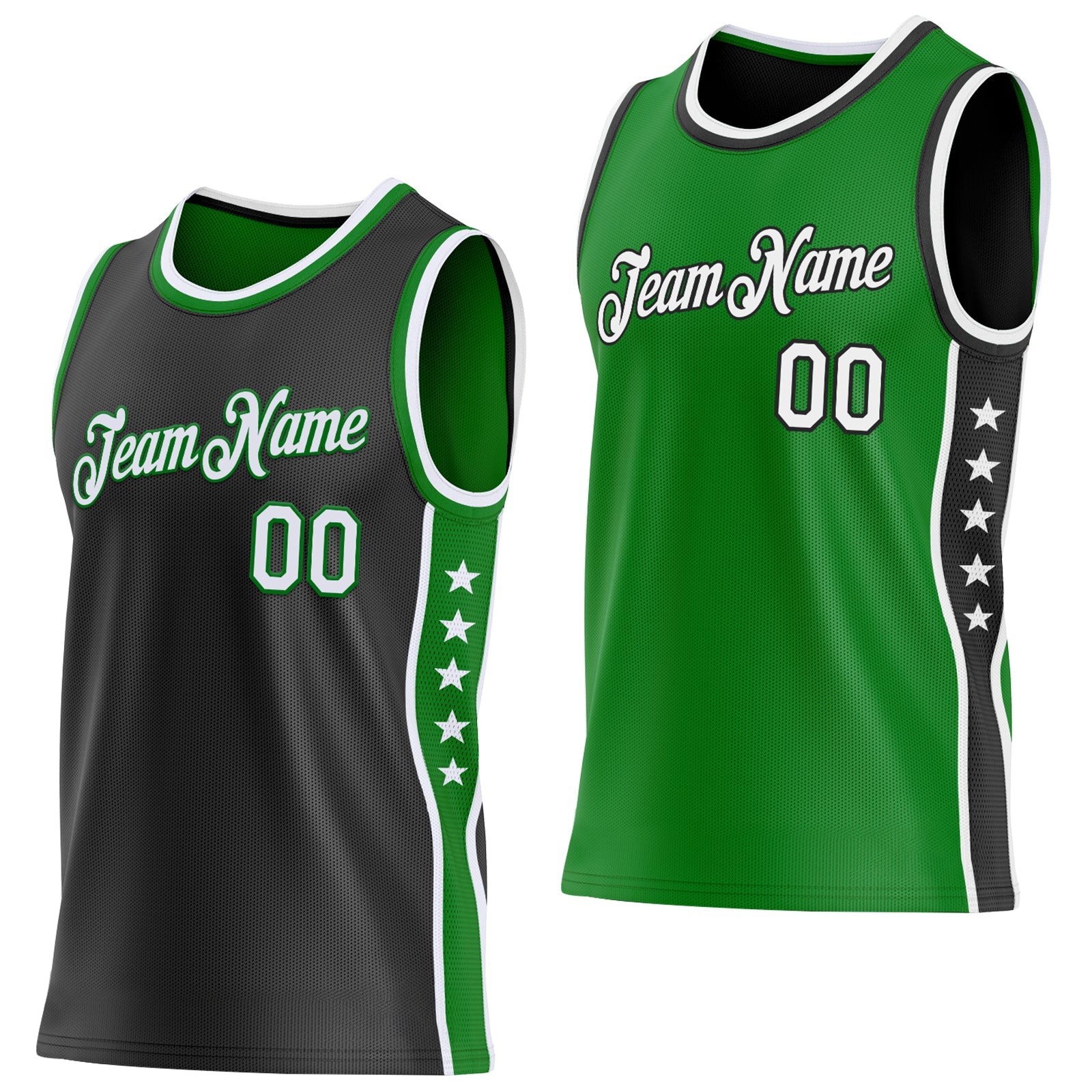 Custom Reversible Black White-Grass Green Double Side Star Sublimation Basketball Set Jersey - Main View
