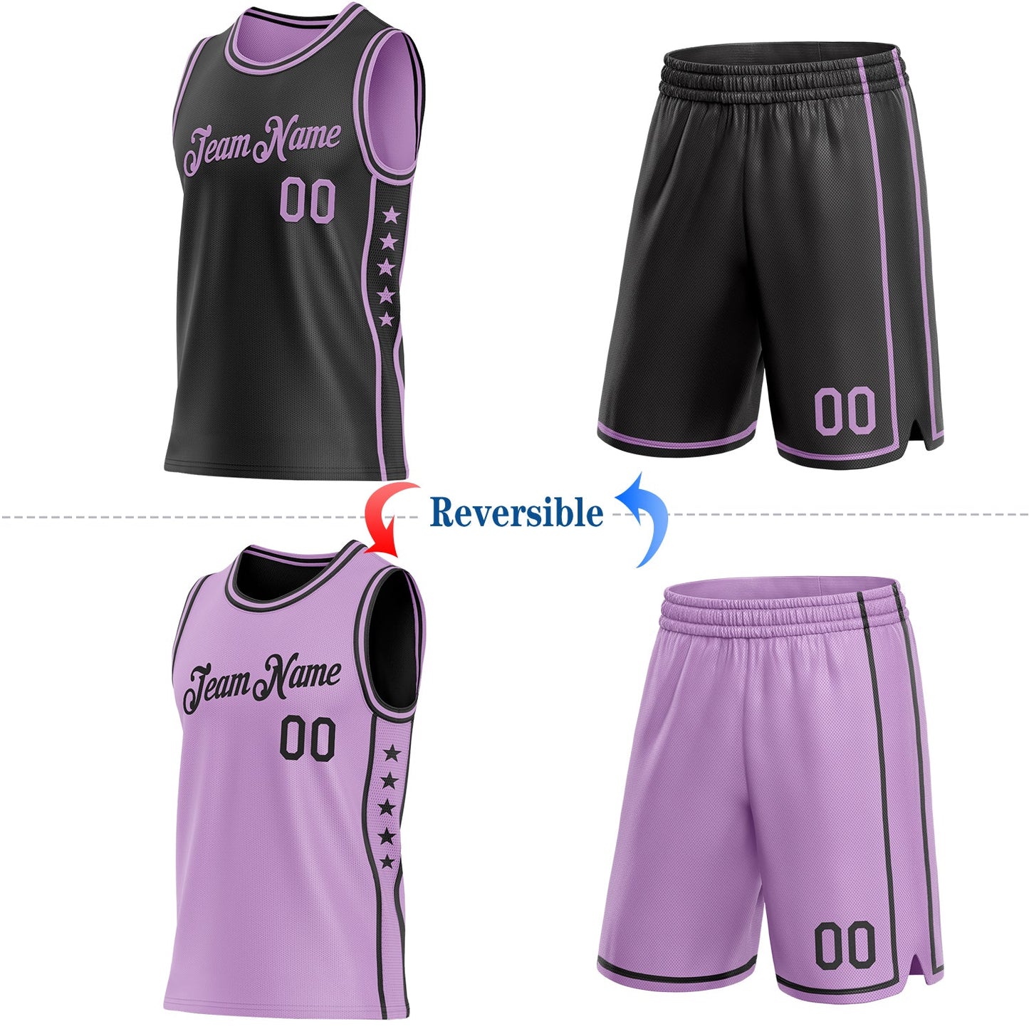 Custom Reversible Black Light Purple Double Side Star Sublimation Basketball Set Jersey view 2