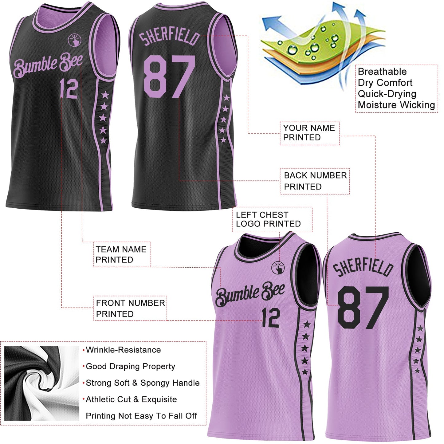 Custom Reversible Black Light Purple Double Side Star Sublimation Basketball Set Jersey view 5