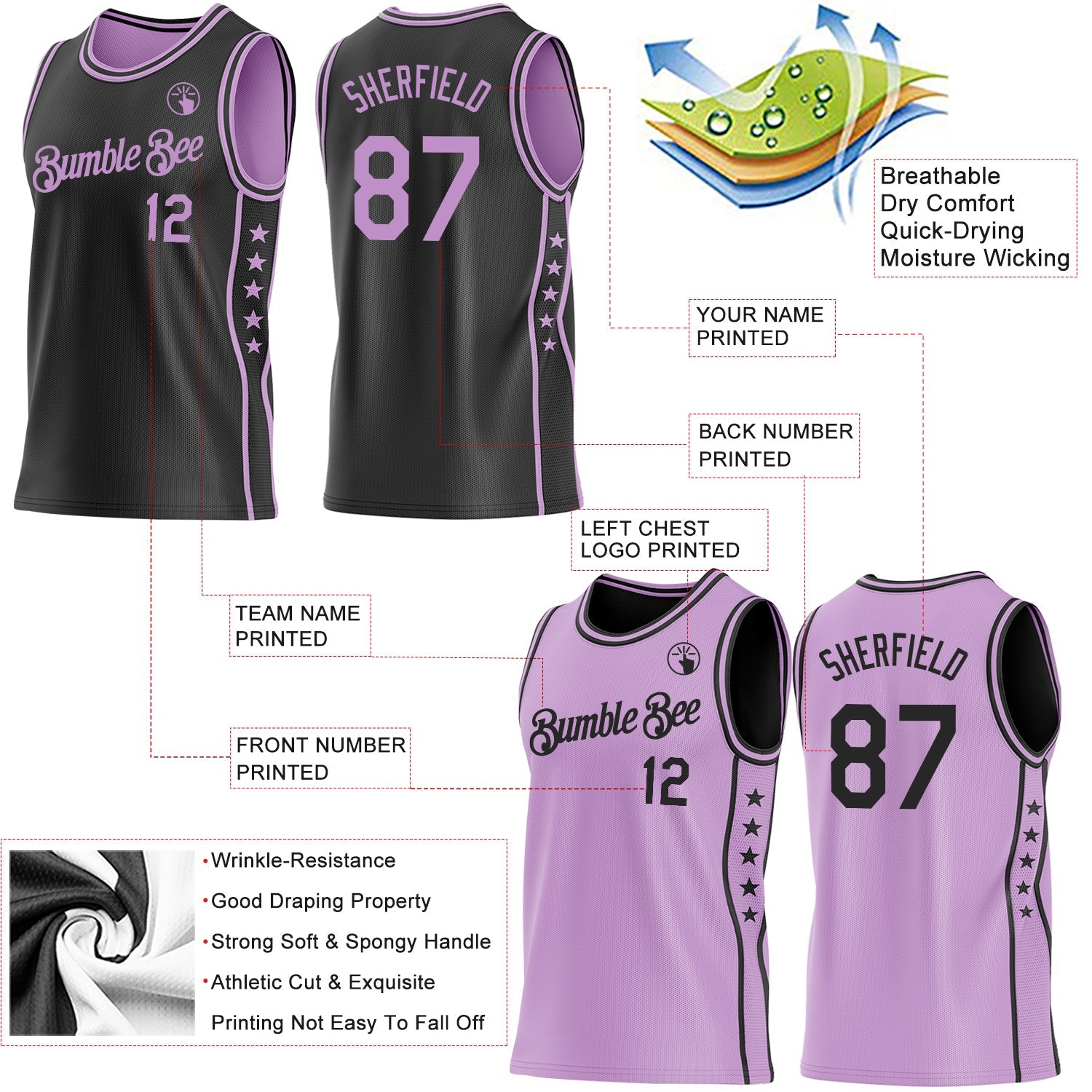 Custom Reversible Black Light Purple Double Side Star Sublimation Basketball Set Jersey view 5