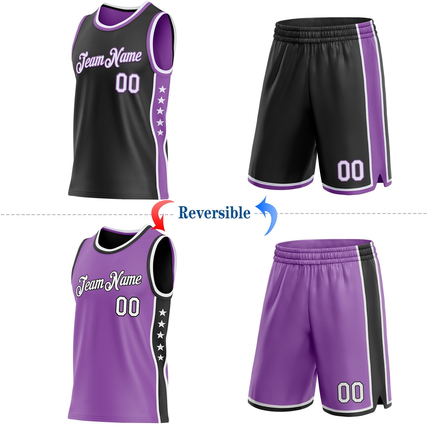Custom Reversible Black White-Medium Purple Double Side Star Sublimation Basketball Set Jersey view 2