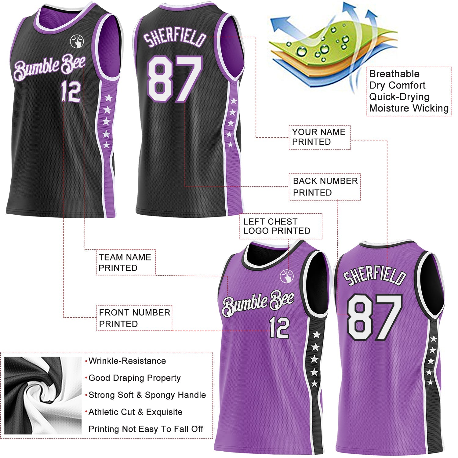 Custom Reversible Black White-Medium Purple Double Side Star Sublimation Basketball Set Jersey view 5
