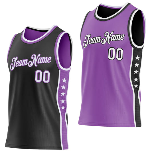 Custom Reversible Black White-Medium Purple Double Side Star Sublimation Basketball Set Jersey - Main View