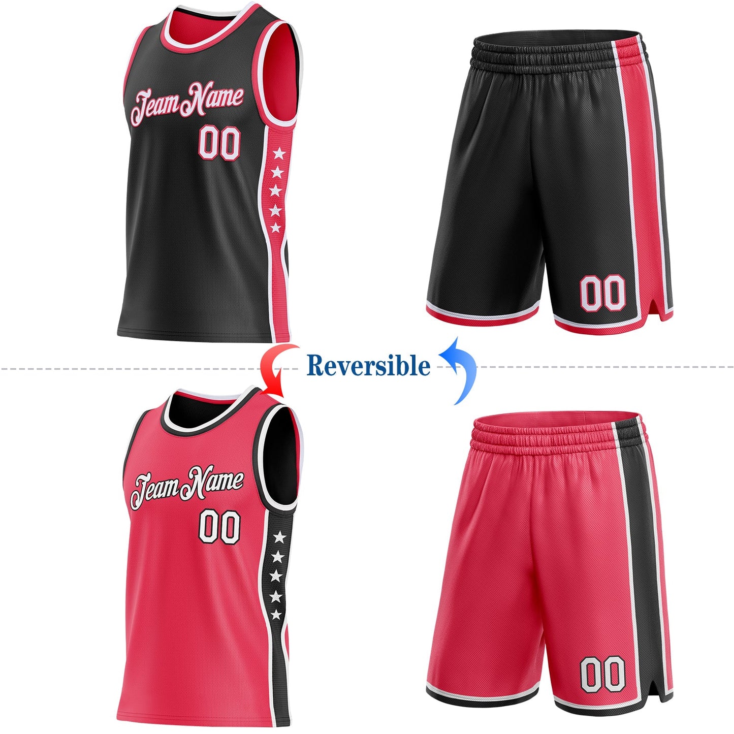 Custom Reversible Black White-Neon Pink Double Side Star Sublimation Basketball Set Jersey view 2