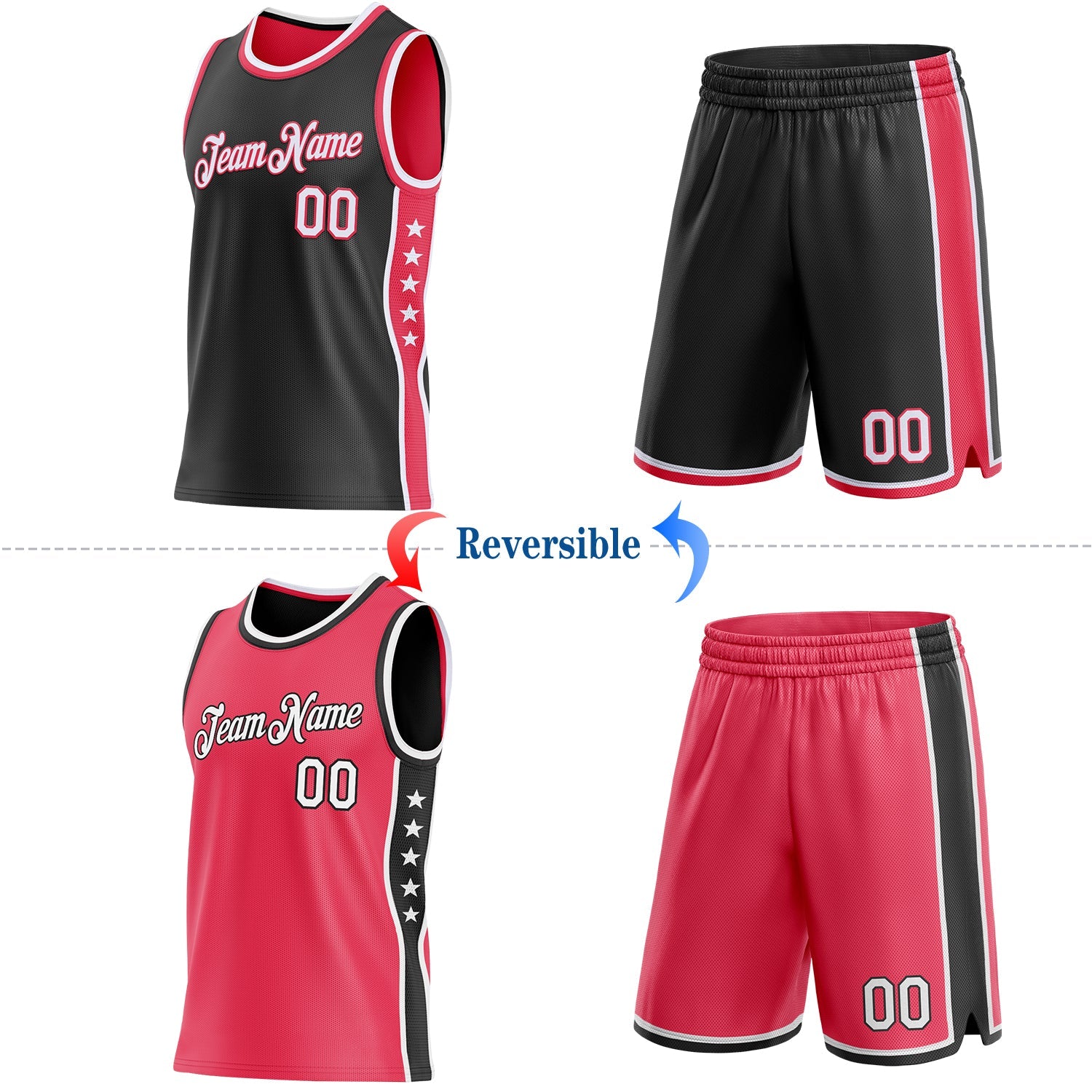 Custom Reversible Black White-Neon Pink Double Side Star Sublimation Basketball Set Jersey view 2