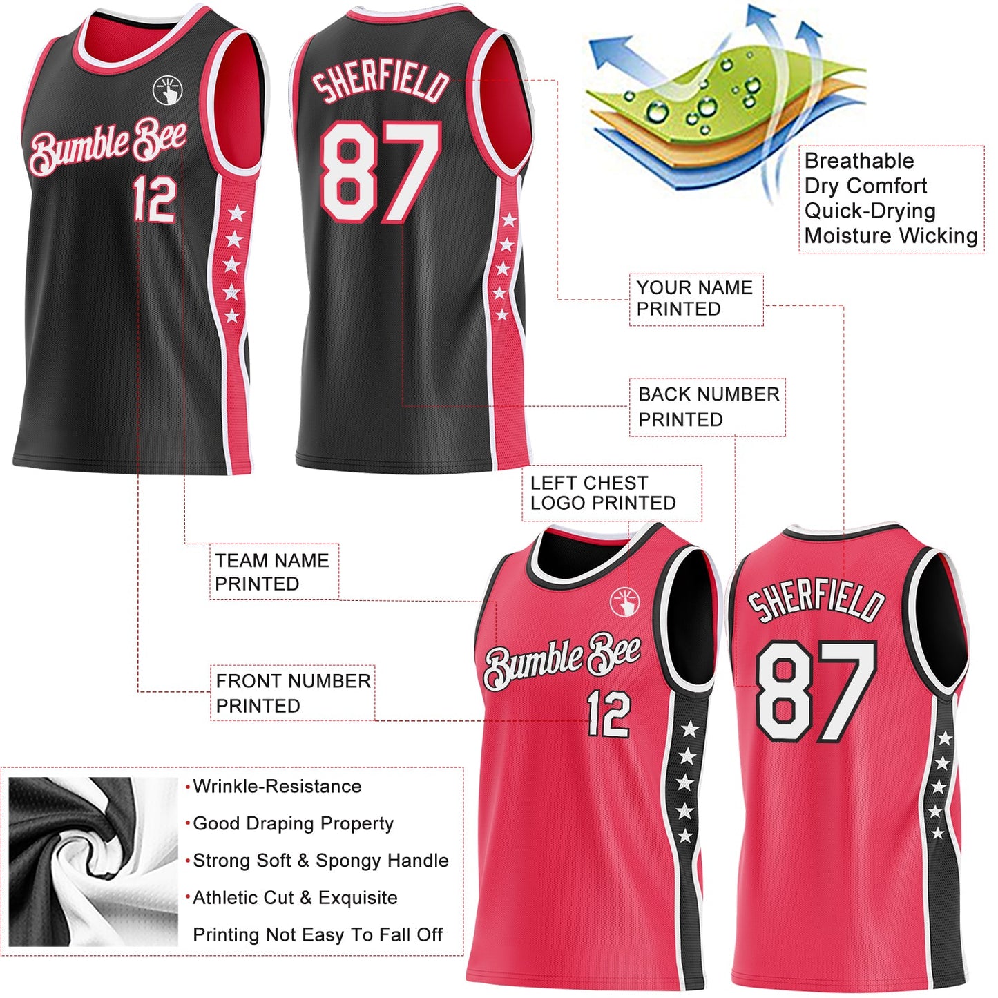 Custom Reversible Black White-Neon Pink Double Side Star Sublimation Basketball Set Jersey view 5