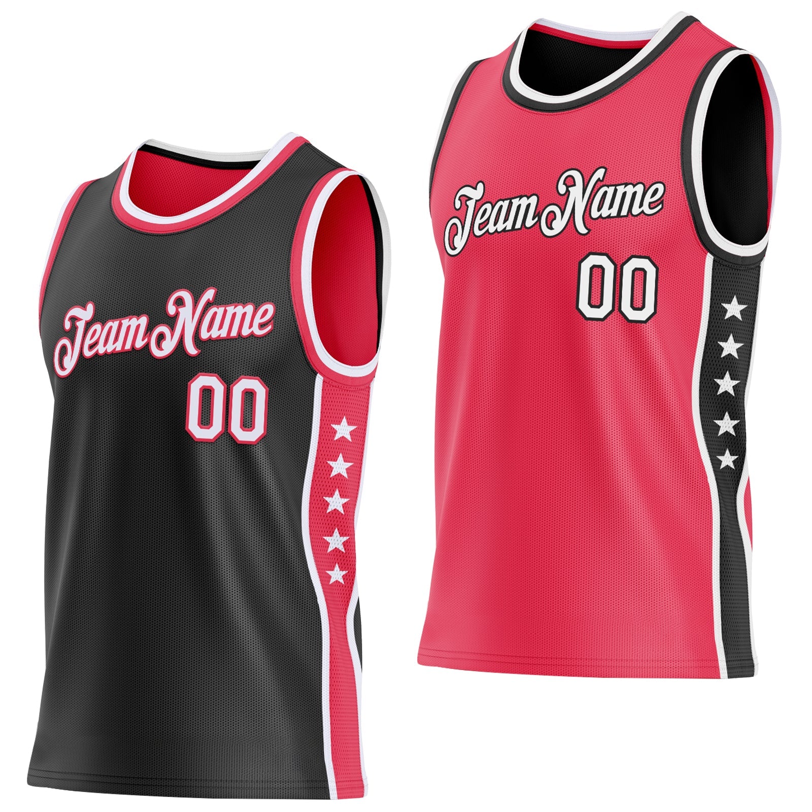 Custom Reversible Black White-Neon Pink Double Side Star Sublimation Basketball Set Jersey - Main View