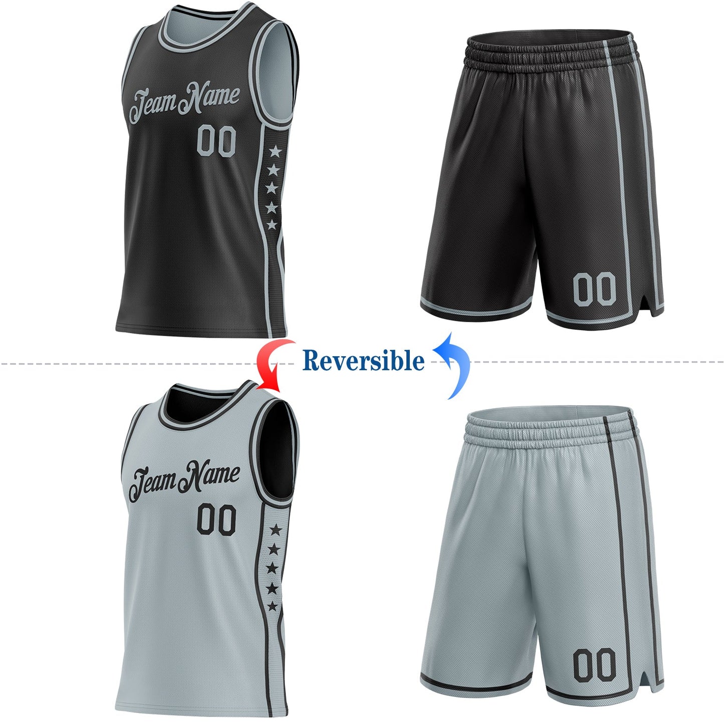 Custom Reversible Black Silver Double Side Star Sublimation Basketball Set Jersey view 2