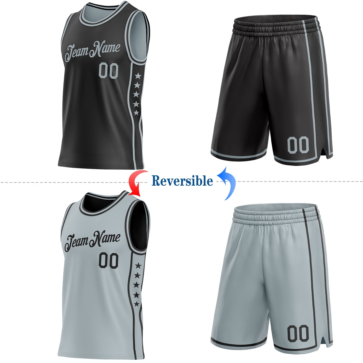 Custom Reversible Black Silver Double Side Star Sublimation Basketball Set Jersey view 2